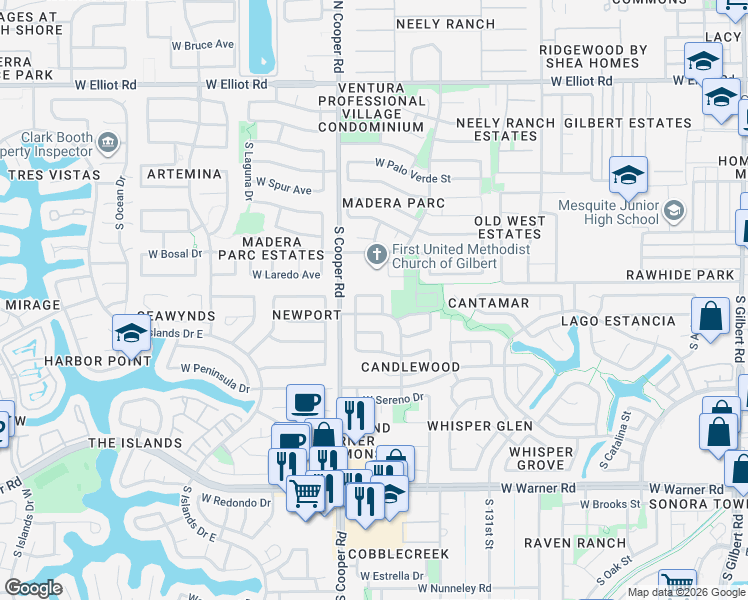 map of restaurants, bars, coffee shops, grocery stores, and more near 725 West Hackamore Street in Gilbert