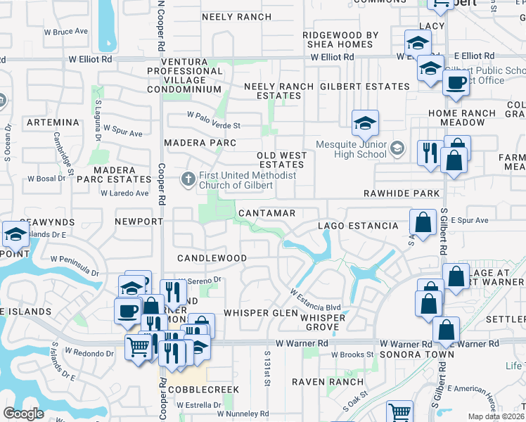 map of restaurants, bars, coffee shops, grocery stores, and more near 515 West Smoke Tree Road in Gilbert