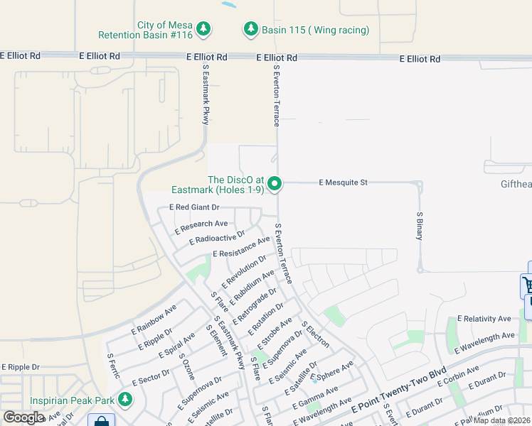 map of restaurants, bars, coffee shops, grocery stores, and more near 9980 East Red Giant Drive in Mesa