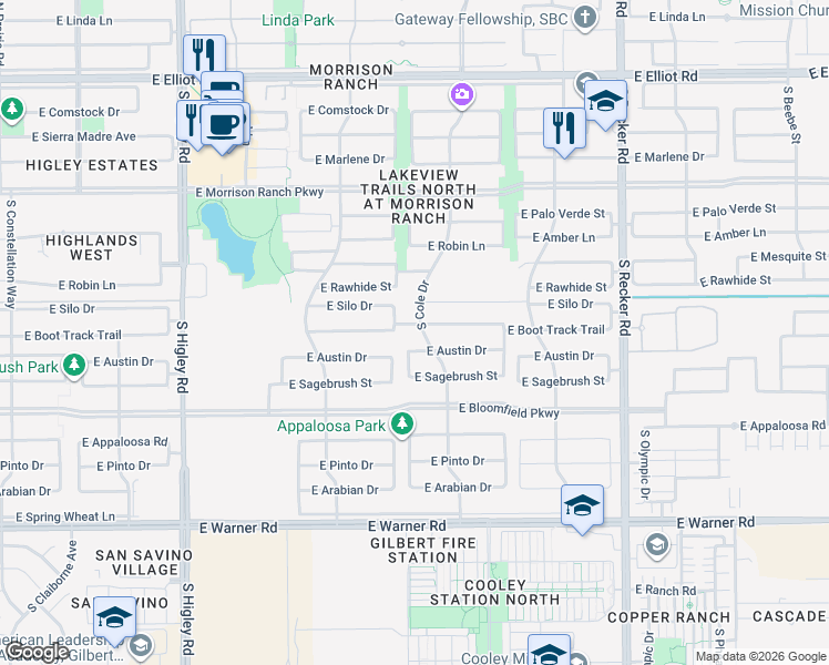 map of restaurants, bars, coffee shops, grocery stores, and more near 3623 East Boot Track Trail in Gilbert