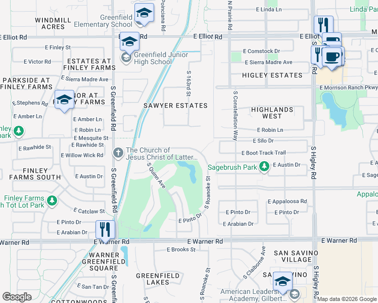 map of restaurants, bars, coffee shops, grocery stores, and more near 2701 E Rawhide St in Gilbert
