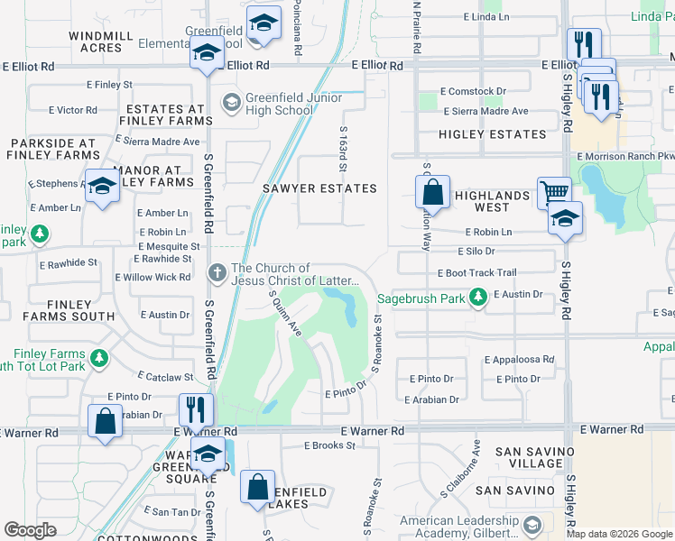 map of restaurants, bars, coffee shops, grocery stores, and more near 2701 East Rawhide Street in Gilbert