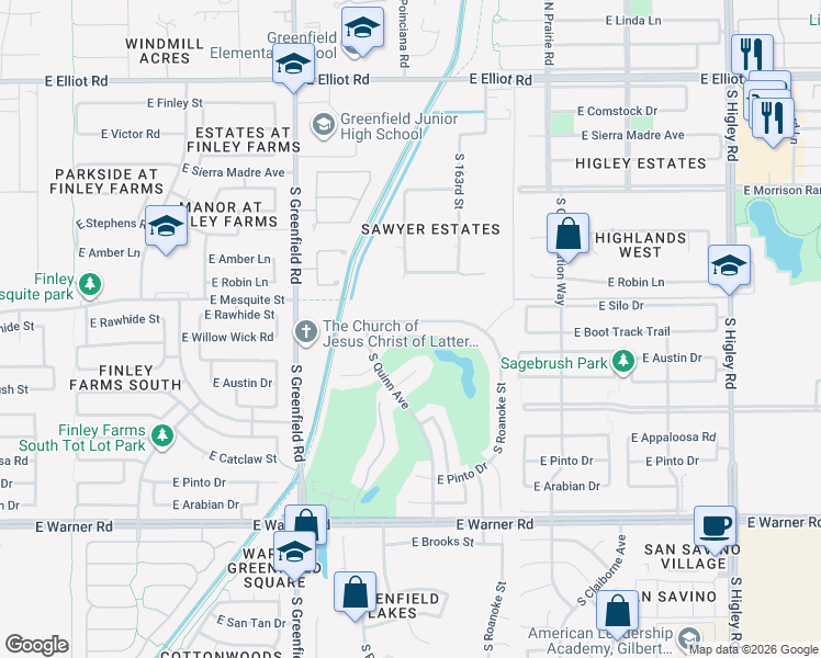 map of restaurants, bars, coffee shops, grocery stores, and more near 2631 East Rawhide Street in Gilbert