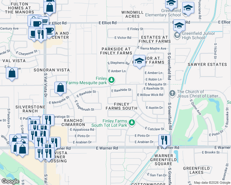 map of restaurants, bars, coffee shops, grocery stores, and more near 2073 East Rawhide Street in Gilbert