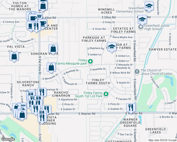 map of restaurants, bars, coffee shops, grocery stores, and more near 456 South Coronado Road in Gilbert