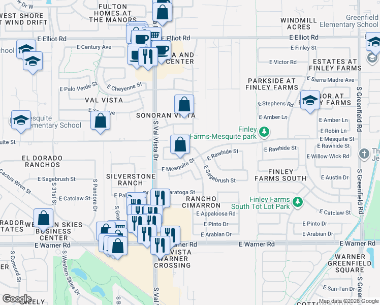 map of restaurants, bars, coffee shops, grocery stores, and more near 457 South Bahama Drive in Gilbert