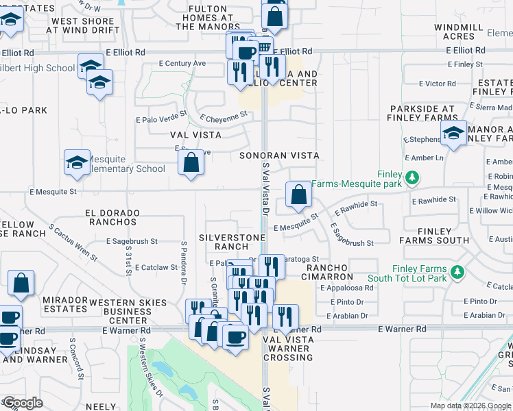 map of restaurants, bars, coffee shops, grocery stores, and more near 1571 East Stirrup Court in Gilbert