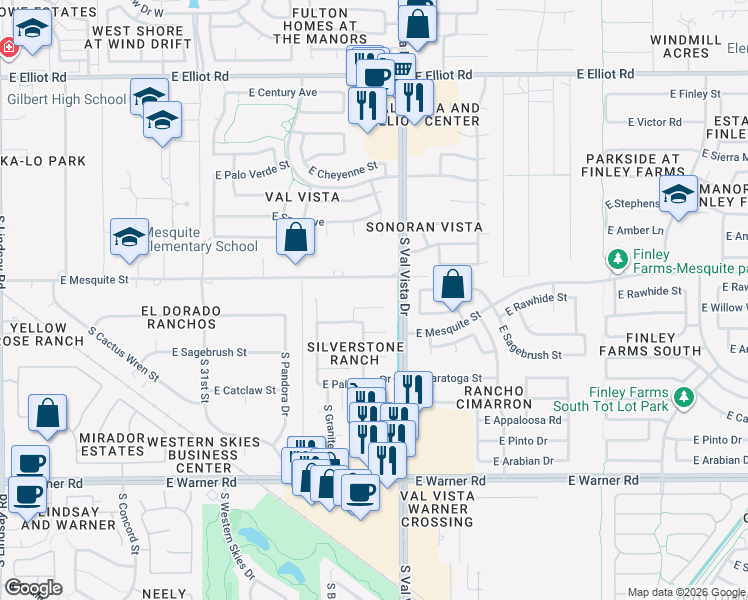 map of restaurants, bars, coffee shops, grocery stores, and more near 1524 E Stirrup Ct in Gilbert