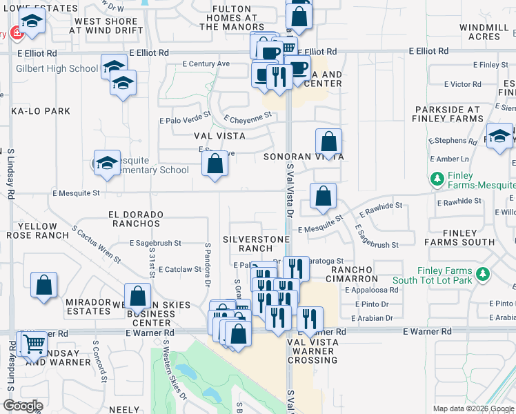 map of restaurants, bars, coffee shops, grocery stores, and more near 1524 East Stirrup Court in Gilbert