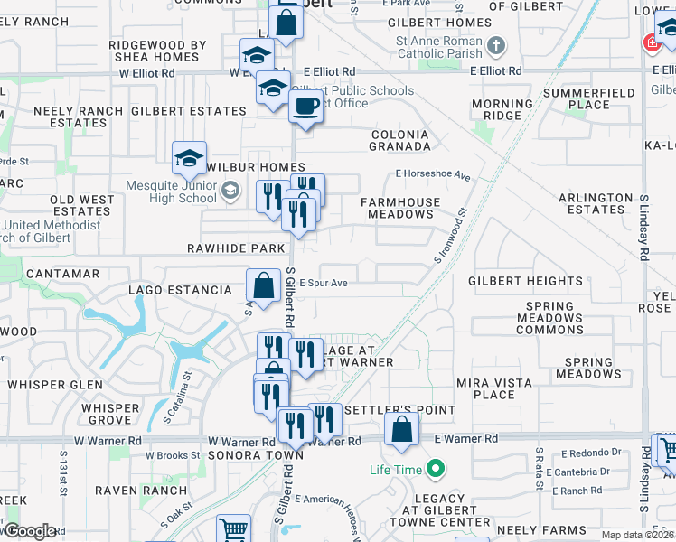map of restaurants, bars, coffee shops, grocery stores, and more near 103 East Smoke Tree Road in Gilbert
