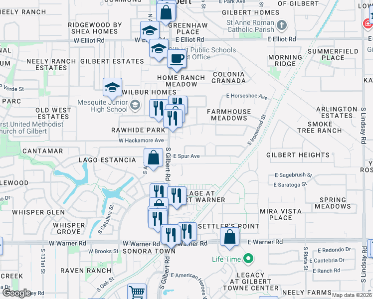 map of restaurants, bars, coffee shops, grocery stores, and more near 104 East Spur Avenue in Gilbert
