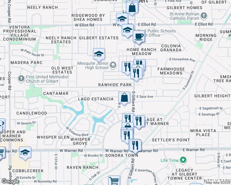 map of restaurants, bars, coffee shops, grocery stores, and more near 113 West Smoke Tree Road in Gilbert