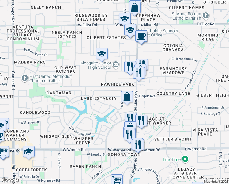 map of restaurants, bars, coffee shops, grocery stores, and more near 173 West Smoke Tree Road in Gilbert