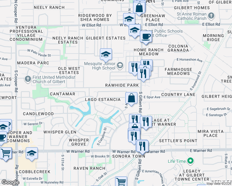 map of restaurants, bars, coffee shops, grocery stores, and more near 173 West Smoke Tree Road in Gilbert