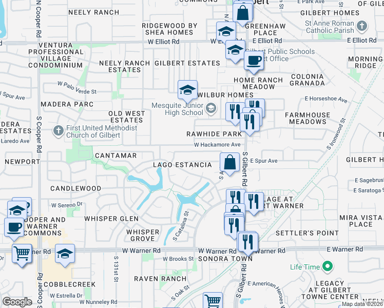 map of restaurants, bars, coffee shops, grocery stores, and more near 173 West Smoke Tree Road in Gilbert