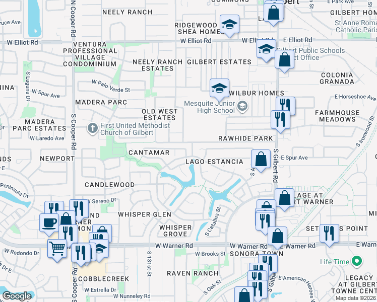 map of restaurants, bars, coffee shops, grocery stores, and more near 331 West Smoke Tree Road in Gilbert