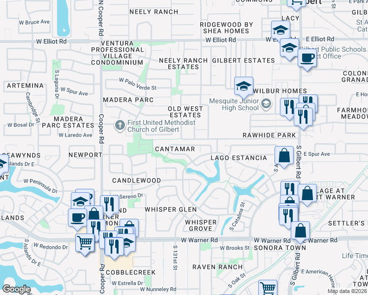 map of restaurants, bars, coffee shops, grocery stores, and more near 457 West Smoke Tree Road in Gilbert
