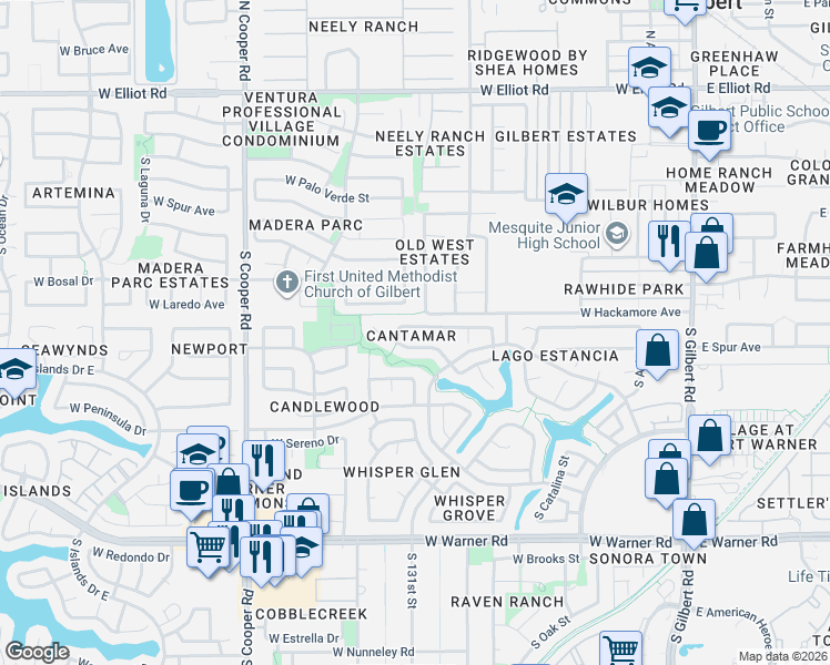 map of restaurants, bars, coffee shops, grocery stores, and more near 515 West Smoke Tree Road in Gilbert