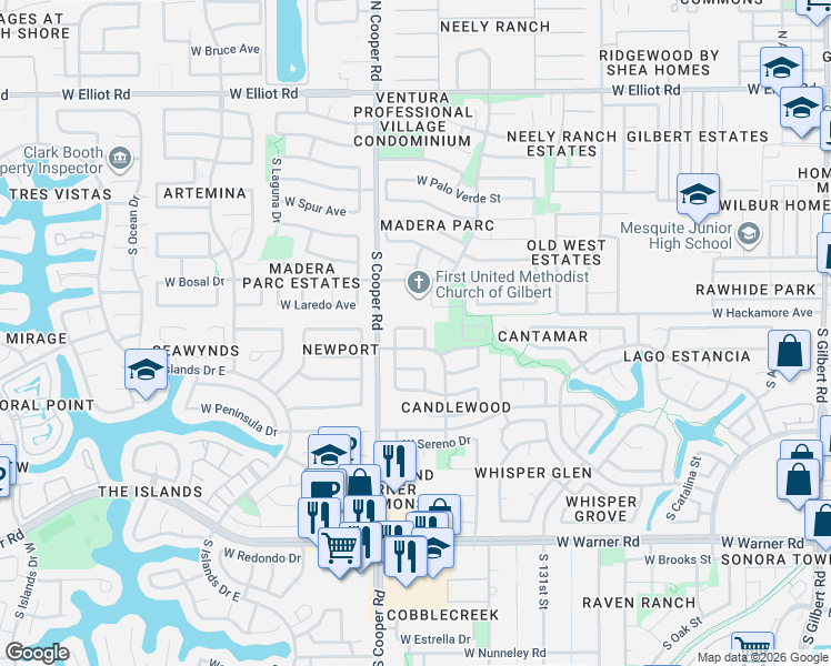 map of restaurants, bars, coffee shops, grocery stores, and more near 725 West Hackamore Street in Gilbert