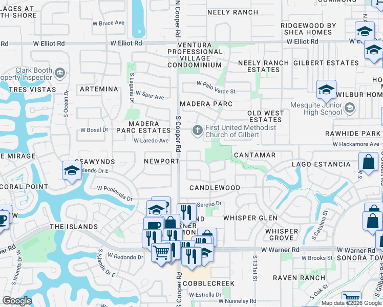 map of restaurants, bars, coffee shops, grocery stores, and more near 725 West Hackamore Street in Gilbert