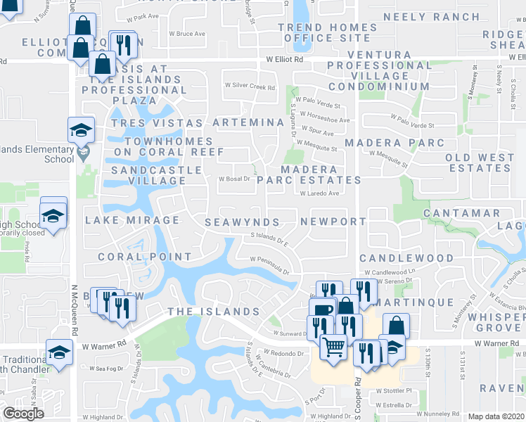 map of restaurants, bars, coffee shops, grocery stores, and more near 502 South Sunrise Drive in Gilbert