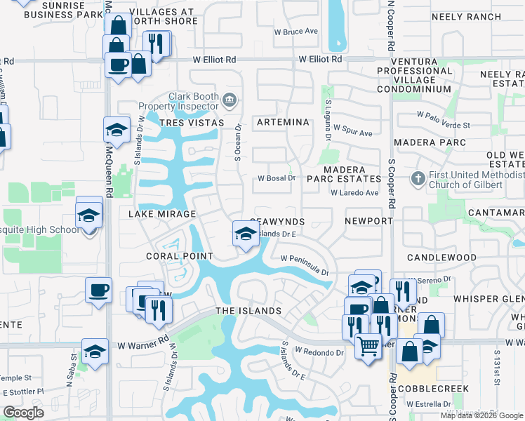 map of restaurants, bars, coffee shops, grocery stores, and more near 421 South Seawynds Boulevard in Gilbert