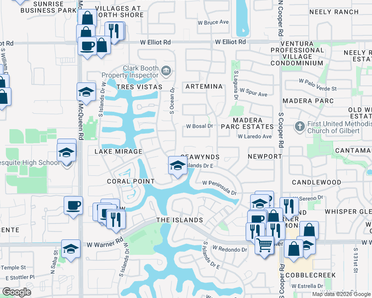 map of restaurants, bars, coffee shops, grocery stores, and more near 421 South Seawynds Boulevard in Gilbert