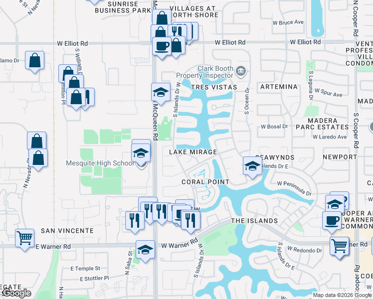 map of restaurants, bars, coffee shops, grocery stores, and more near 417 South Lake Mirage Drive in Gilbert