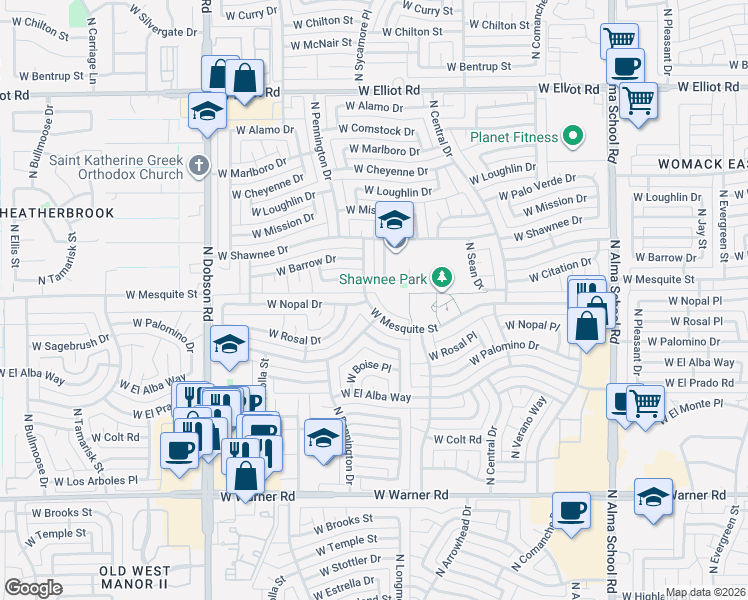 map of restaurants, bars, coffee shops, grocery stores, and more near 1602 West Nopal Drive in Chandler