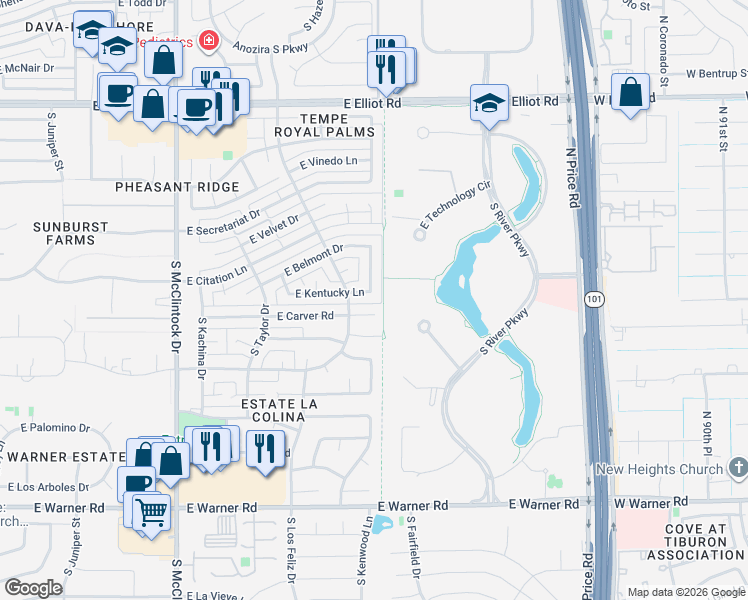 map of restaurants, bars, coffee shops, grocery stores, and more near 1971 East Kentucky Lane in Tempe