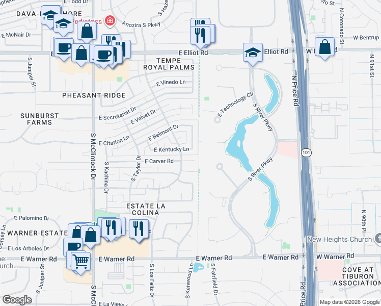 map of restaurants, bars, coffee shops, grocery stores, and more near 1971 East Kentucky Lane in Tempe