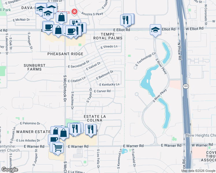 map of restaurants, bars, coffee shops, grocery stores, and more near 1945 East Kentucky Lane in Tempe