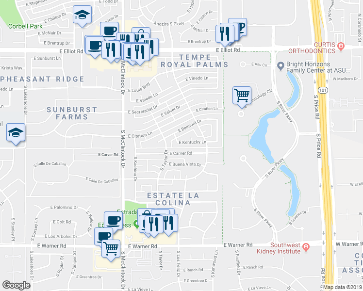 map of restaurants, bars, coffee shops, grocery stores, and more near 1915 East Kentucky Lane in Tempe