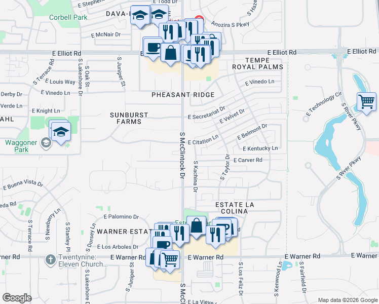 map of restaurants, bars, coffee shops, grocery stores, and more near in Tempe