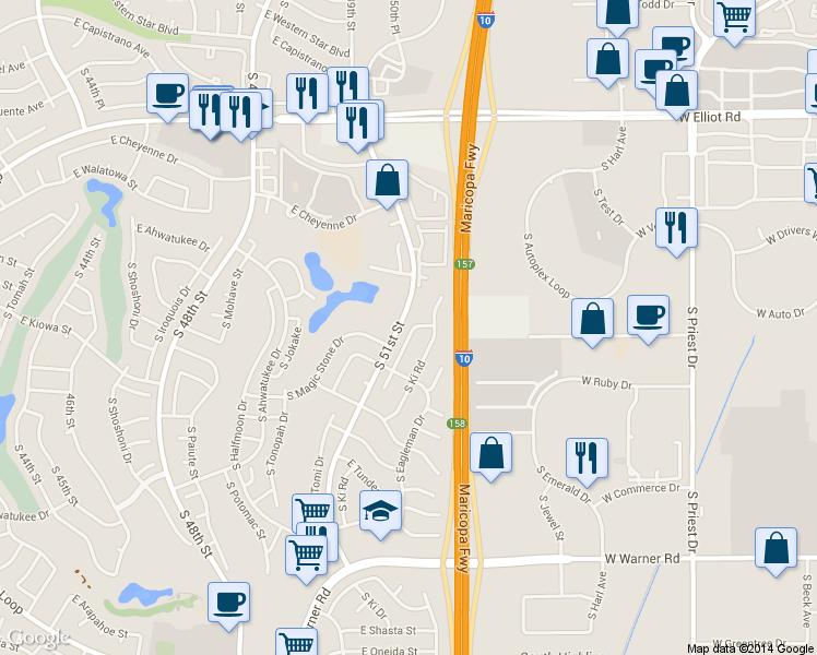 map of restaurants, bars, coffee shops, grocery stores, and more near 11620 South 51st Street in Phoenix