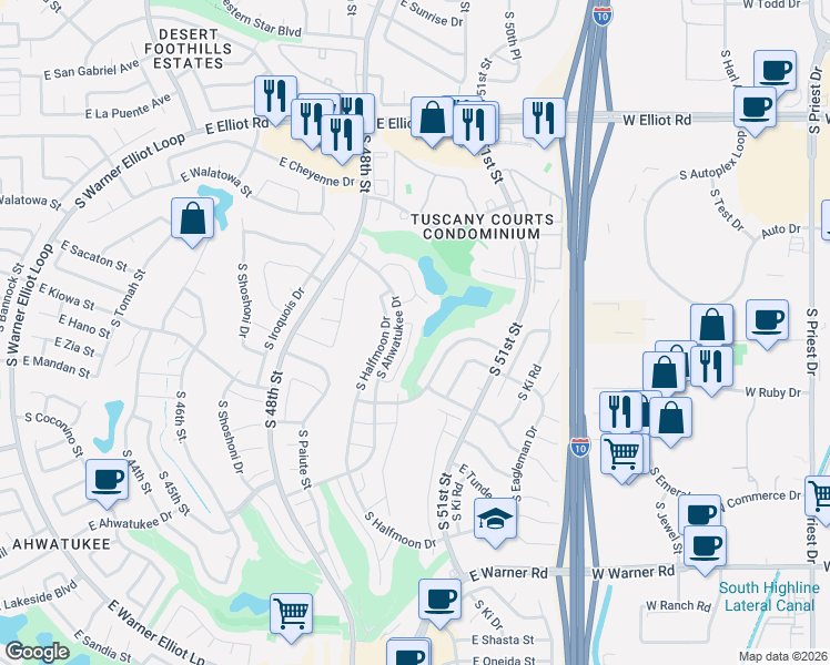 map of restaurants, bars, coffee shops, grocery stores, and more near 11619 South Jokake Street in Phoenix