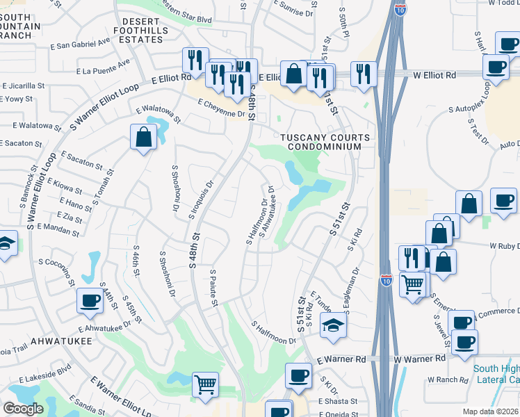 map of restaurants, bars, coffee shops, grocery stores, and more near 11617 South Halfmoon Drive in Phoenix
