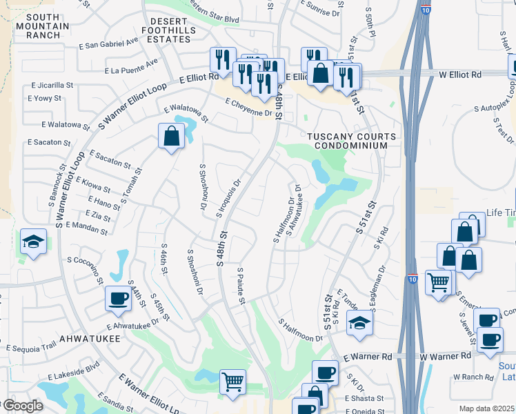 map of restaurants, bars, coffee shops, grocery stores, and more near 11619 South Mohave Street in Phoenix