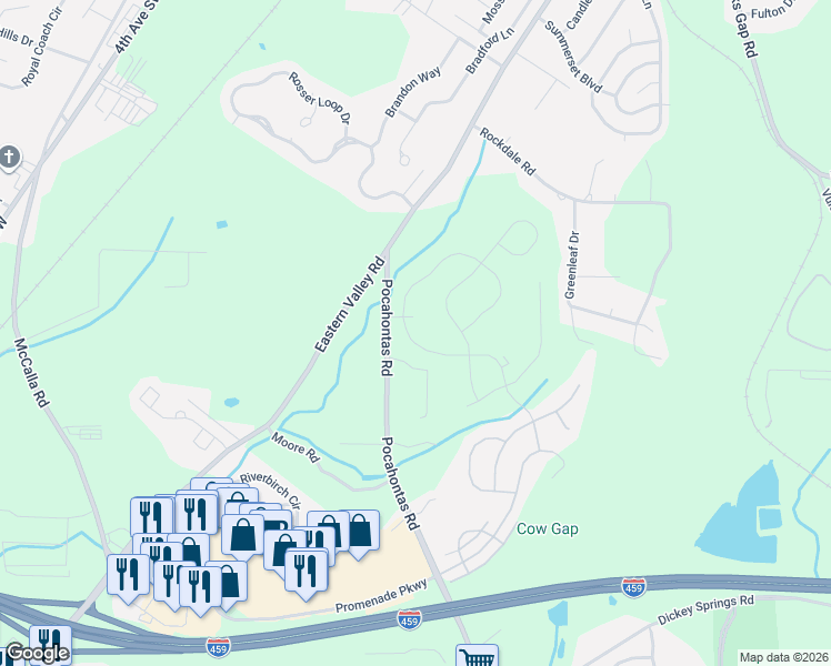 map of restaurants, bars, coffee shops, grocery stores, and more near 4635 Rosser Farms Parkway in Bessemer
