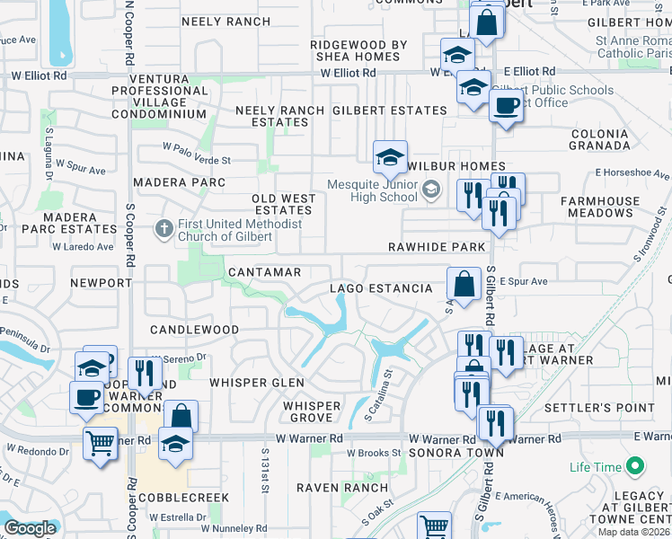 map of restaurants, bars, coffee shops, grocery stores, and more near 331 West Smoke Tree Road in Gilbert