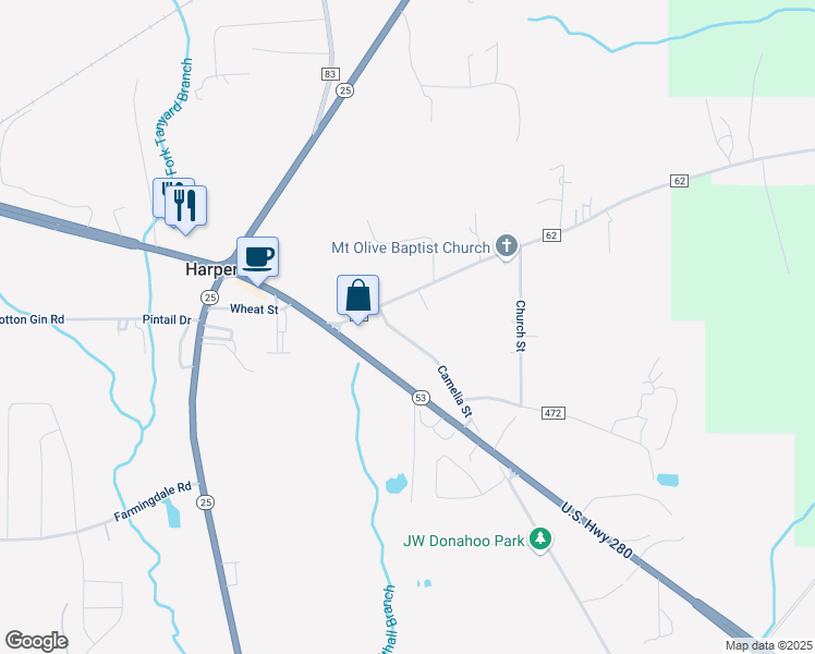 map of restaurants, bars, coffee shops, grocery stores, and more near 270 Camelia Street in Harpersville
