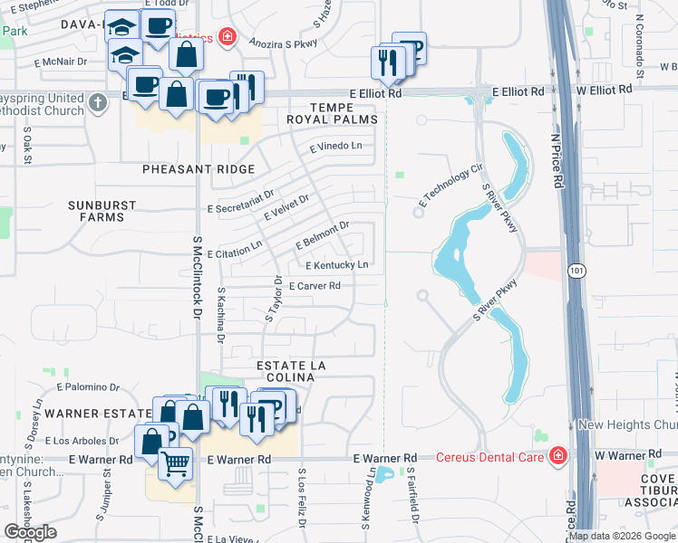 map of restaurants, bars, coffee shops, grocery stores, and more near 1939 East Kentucky Lane in Tempe