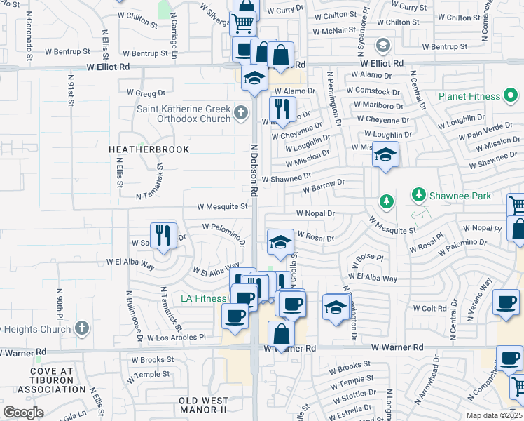 map of restaurants, bars, coffee shops, grocery stores, and more near 2314 North Yucca Street in Chandler