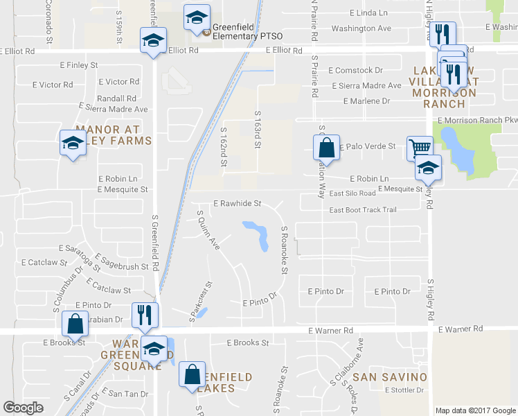 map of restaurants, bars, coffee shops, grocery stores, and more near 2701 East Rawhide Street in Gilbert