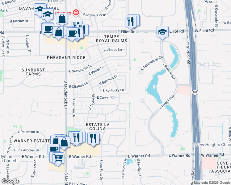 map of restaurants, bars, coffee shops, grocery stores, and more near 1945 East Kentucky Lane in Tempe