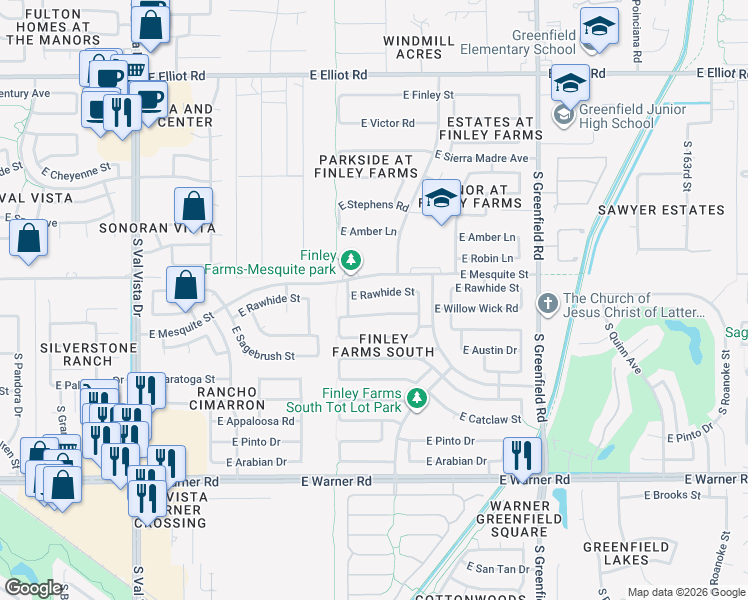 map of restaurants, bars, coffee shops, grocery stores, and more near 2073 East Rawhide Street in Gilbert