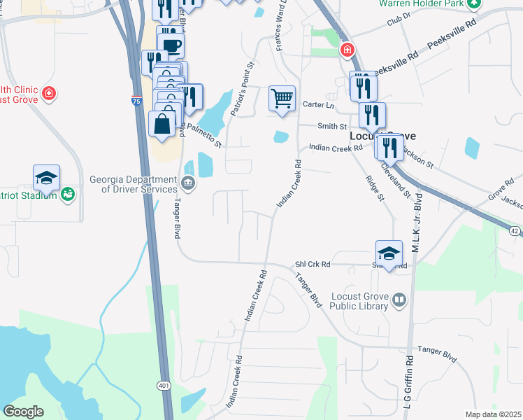 map of restaurants, bars, coffee shops, grocery stores, and more near 122 Whimsical Court in Locust Grove