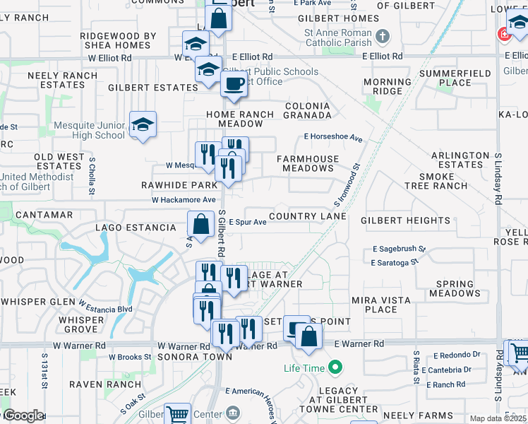 map of restaurants, bars, coffee shops, grocery stores, and more near 103 East Smoke Tree Road in Gilbert