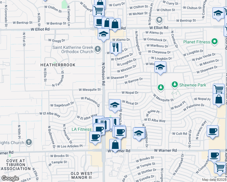 map of restaurants, bars, coffee shops, grocery stores, and more near 1720 West Nopal Drive in Chandler