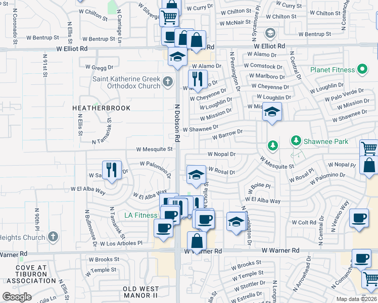 map of restaurants, bars, coffee shops, grocery stores, and more near 2314 North Yucca Street in Chandler